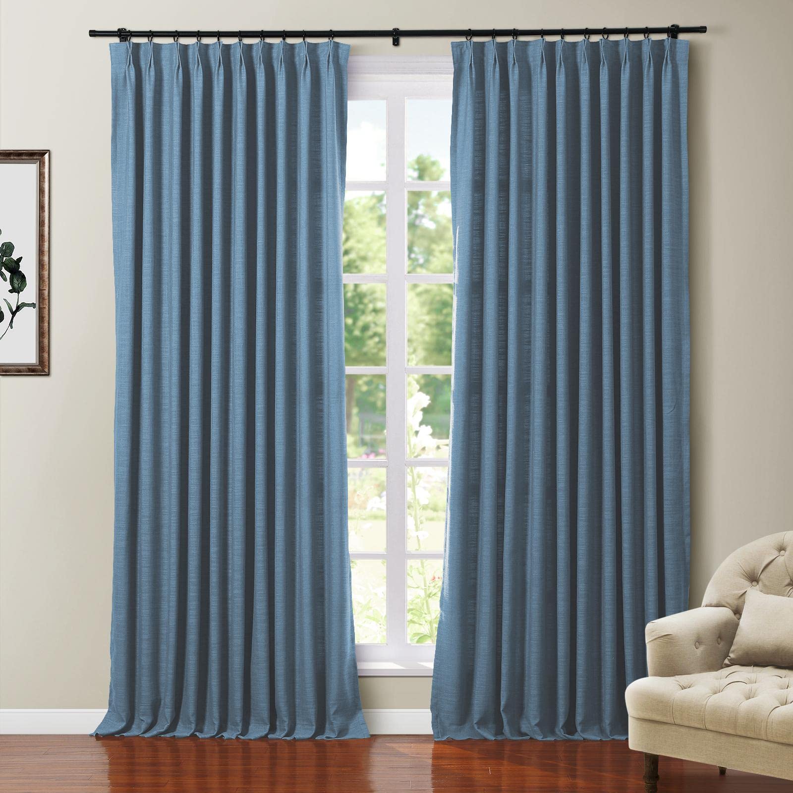 Twopages Faux Linen 84 Inches Long Midnight Blackout Curtain With Pinch Pleated And Back Tab For Living Room Kids Room Thermal I